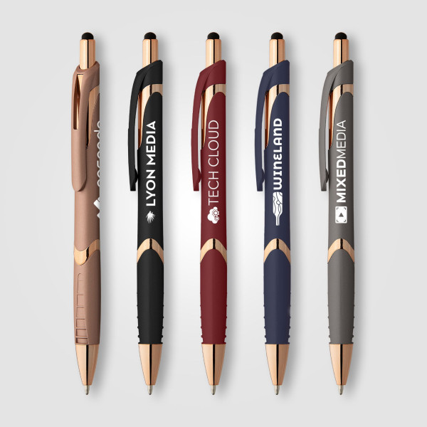 Stylo publicitaire Joplin Softy Rose Gold avec stylet personnalisable pour événements professionnels – BCM Goodies