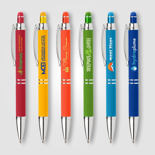 Stylo publicitaire Phoenix Softy Brights personnalisé avec finition caoutchoutée et gravure laser – BCM Goodies