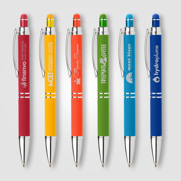 Stylo publicitaire Phoenix Softy Brights personnalisé avec finition caoutchoutée et gravure laser – BCM Goodies