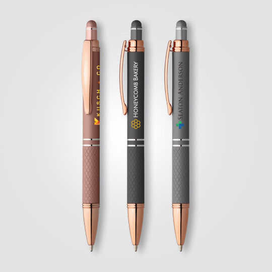 Stylo publicitaire Le Phoenix Softy Rose Gold Métallique avec stylet personnalisé gravure laser – BCM Goodies