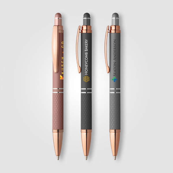 Stylo publicitaire Le Phoenix Softy Rose Gold Métallique avec stylet personnalisé gravure laser – BCM Goodies