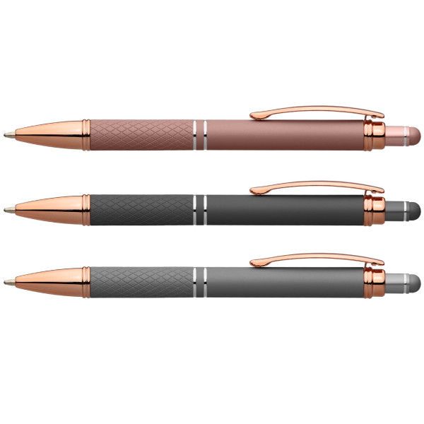 Stylo publicitaire Le Phoenix Softy Rose Gold Métallique avec stylet personnalisé gravure laser – BCM Goodies