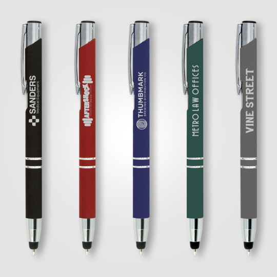 Stylo métallique Crosby avec stylet finition caoutchoutée – Écriture fine 800m
