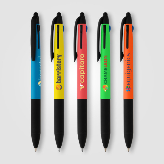 Stylo multi-encre 3-en-1 Malta Essentials en plastique recyclé avec stylet et grip néon
