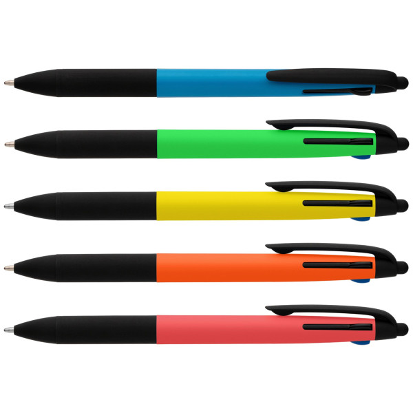 Stylo multi-encre 3-en-1 Malta Essentials en plastique recyclé avec stylet et grip néon
