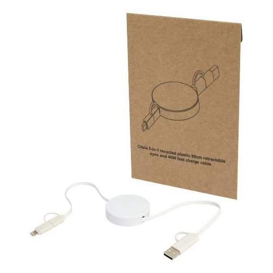 Câble rétractable 5-en-1 Citala en plastique recyclé de 90 cm - Charge rapide 40W - USB-C vers USB-C - USB-A vers USB-C - CarPla