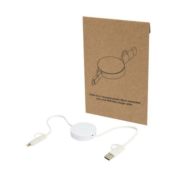 Câble rétractable 5-en-1 Citala en plastique recyclé de 90 cm - Charge rapide 40W - USB-C vers USB-C - USB-A vers USB-C - CarPla