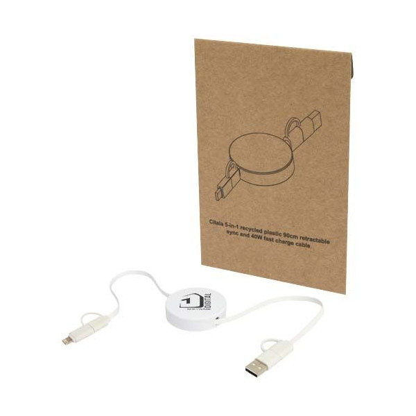 Câble rétractable 5-en-1 Citala en plastique recyclé de 90 cm - Charge rapide 40W - USB-C vers USB-C - USB-A vers USB-C - CarPla