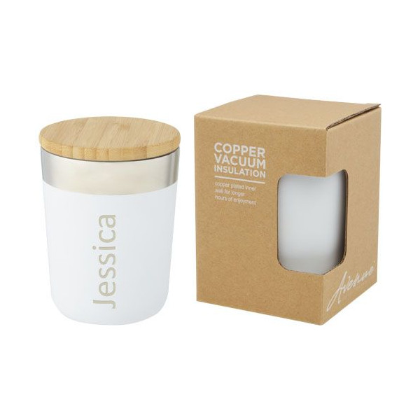 Gobelet isotherme à double paroi avec couche de cuivre et couvercle en bambou - 330 ml - Acier inoxydable - Sans BPA - Personnal