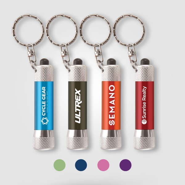 Porte-clés lampe LED McQueen Brights personnalisé – objet publicitaire aluminium avec piles incluses
