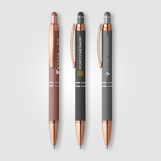 Stylo publicitaire Le Phoenix Softy Rose Gold Métallique avec stylet personnalisé gravure laser – BCM Goodies