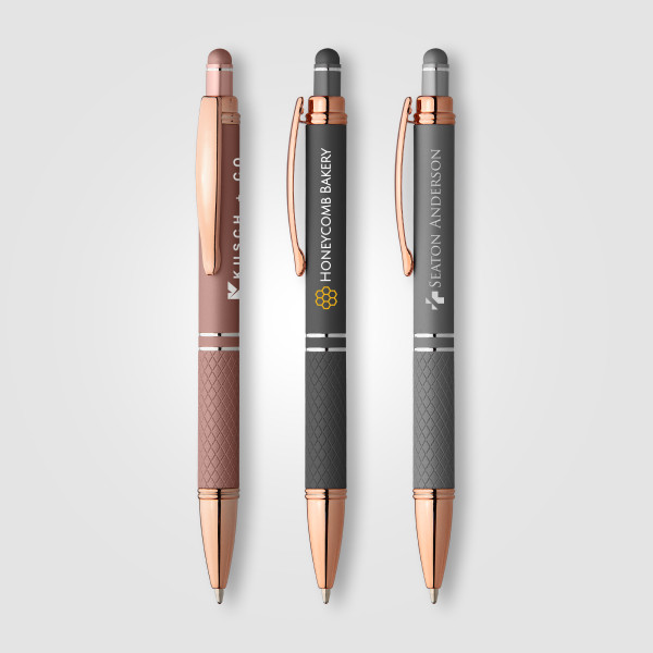 Stylo publicitaire Le Phoenix Softy Rose Gold Métallique avec stylet personnalisé gravure laser – BCM Goodies
