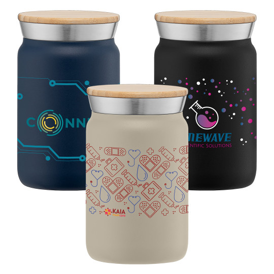 Gobelet Nordic 265 ml en acier inoxydable personnalisable avec couvercle bambou – Goodies d’entreprise BCM