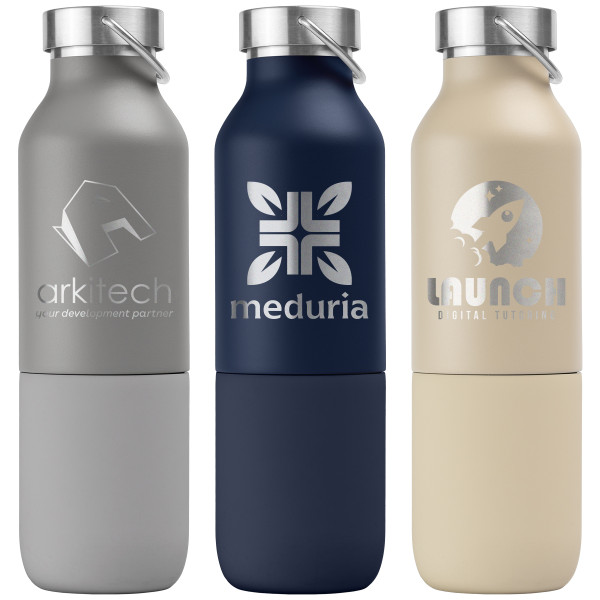 Bouteille isotherme recyclée Freya Duo 2-en-1 590 ml avec gobelet 325 ml personnalisable – Goodies entreprise BCM