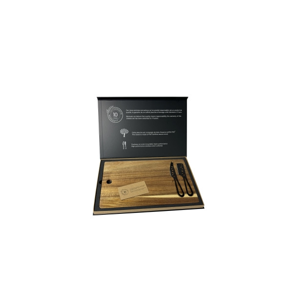 Set de planche et couteaux à fromage personnalisable en acacia FSC® 100% avec logo gravé – Cadeau d’affaires BCM Goodies