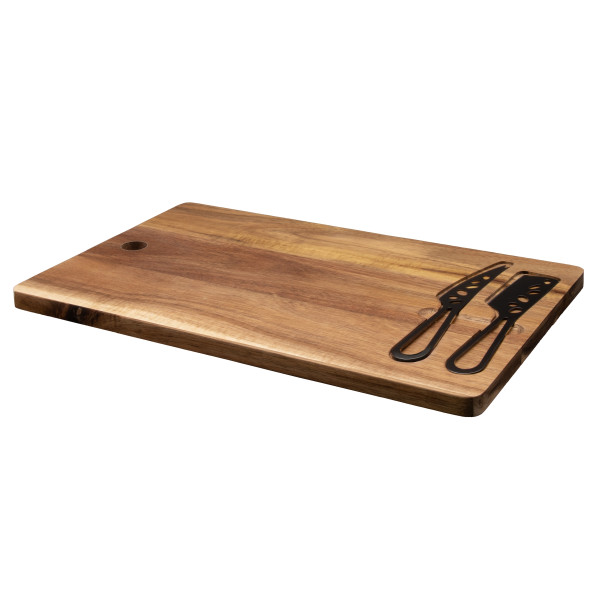 Set de planche et couteaux à fromage personnalisable en acacia FSC® 100% avec logo gravé – Cadeau d’affaires BCM Goodies