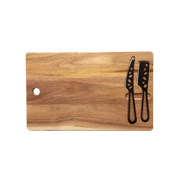 Set de planche et couteaux à fromage personnalisable en acacia FSC® 100% avec logo gravé – Cadeau d’affaires BCM Goodies