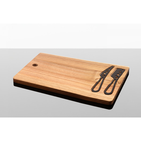 Set de planche et couteaux à fromage personnalisable en acacia FSC® 100% avec logo gravé – Cadeau d’affaires BCM Goodies