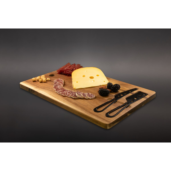 Set de planche et couteaux à fromage personnalisable en acacia FSC® 100% avec logo gravé – Cadeau d’affaires BCM Goodies