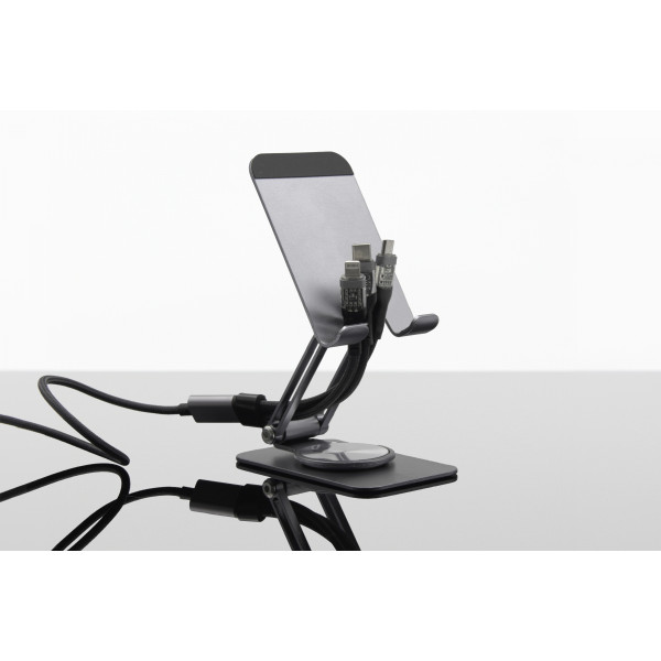 Support téléphone métal rotation 360° avec câble fast charge 5-en-1 gris sidéral – BCM Goodies
