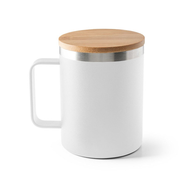 Mug LAUDA en acier inoxydable recyclé 420 mL avec couvercle en bambou - Objet publicitaire durable et personnalisé