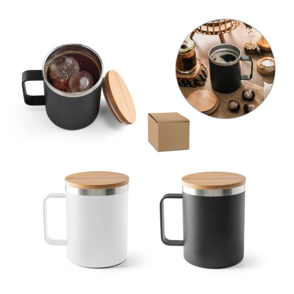Mug LAUDA en acier inoxydable recyclé 420 mL avec couvercle en bambou - Objet publicitaire durable et personnalisé
