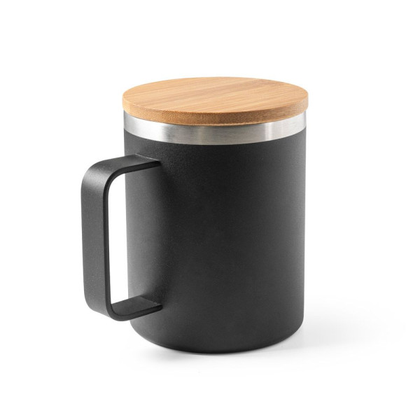 Mug LAUDA en acier inoxydable recyclé 420 mL avec couvercle en bambou - Objet publicitaire durable et personnalisé