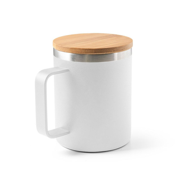 Mug LAUDA en acier inoxydable recyclé 420 mL avec couvercle en bambou - Objet publicitaire durable et personnalisé