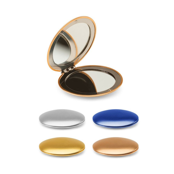 Miroir rond double face en aluminium KAYLA avec fermeture magnétique - Objet publicitaire personnalisable | BCM Goodies