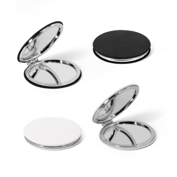 Miroir rond double face FREYA avec extérieur en PU mat - Objet publicitaire pour entreprises