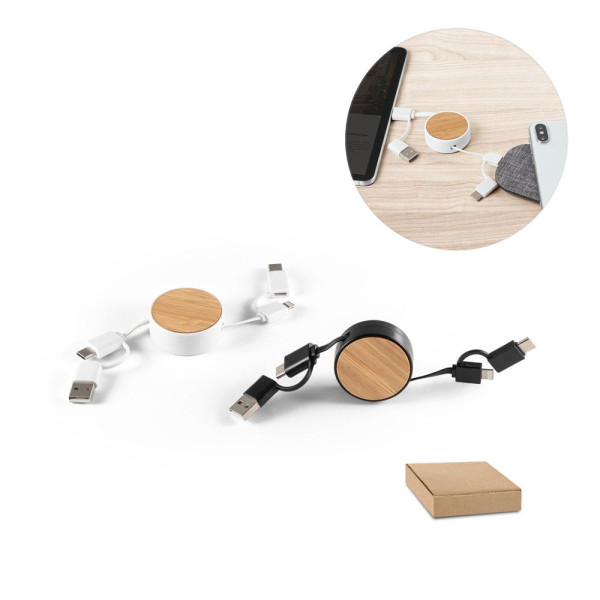 Câble USB rétractable 6 en 1 RUBINS en ABS recyclé et bambou - BCM Goodies