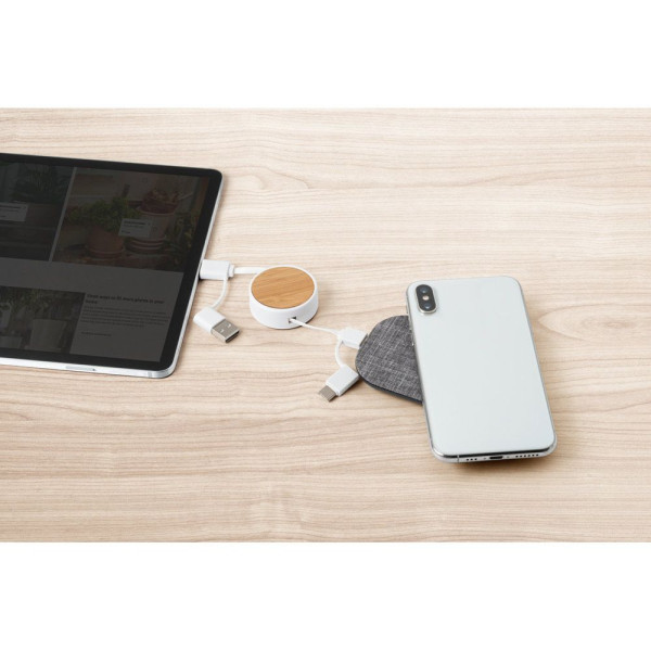 Câble USB rétractable 6 en 1 RUBINS en ABS recyclé et bambou - BCM Goodies
