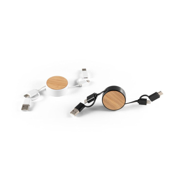 Câble USB rétractable 6 en 1 RUBINS en ABS recyclé et bambou - BCM Goodies