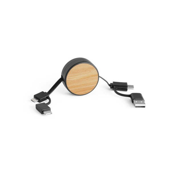 Câble USB rétractable 6 en 1 RUBINS en ABS recyclé et bambou - BCM Goodies