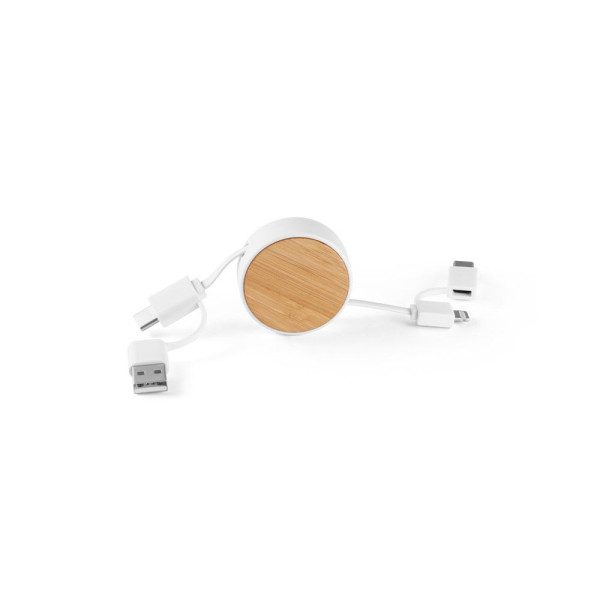 Câble USB rétractable 6 en 1 RUBINS en ABS recyclé et bambou - BCM Goodies