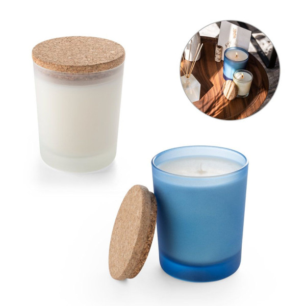 Bougie aromatique personnalisable en verre avec couvercle en liège - Objet publicitaire pour événements professionnels
