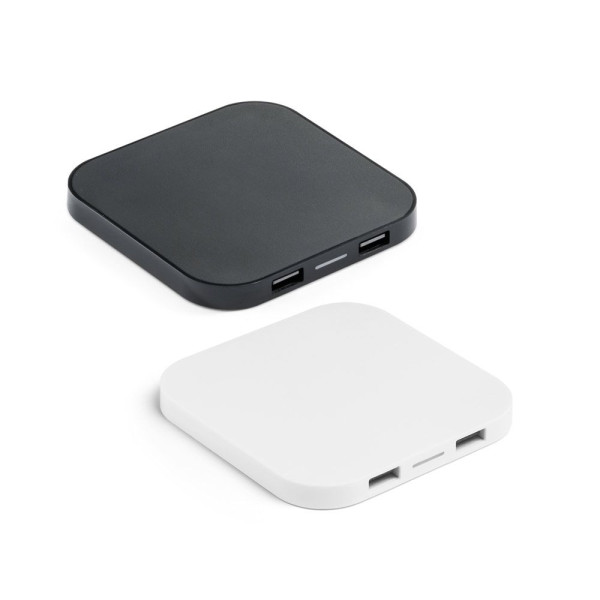 Chargeur sans fil 15W avec HUB 2 ports USB-A en ABS recyclé - Goodies personnalisables - BCM Goodies