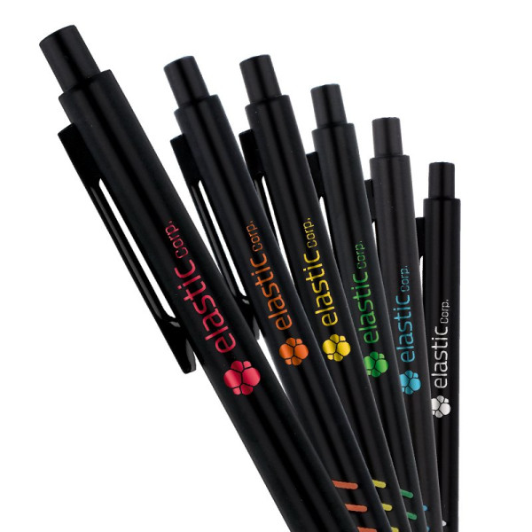 Stylo bille personnalisé bleu avec gravure irisée et étui kraft – BCM Goodies