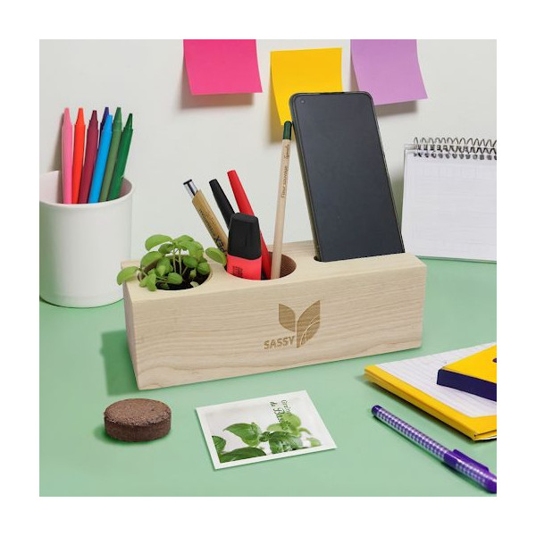 Organisateur de bureau personnalisable 3 en 1 avec kit de plantation, pot à crayon et support téléphone – Objet publicitaire éco