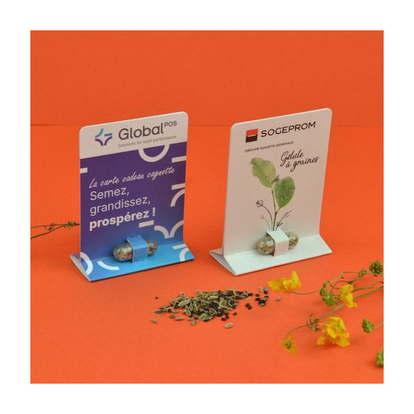 Gélule à graines personnalisable 8x20 mm avec cavalier 65x25 mm – Goodies écologiques BCM