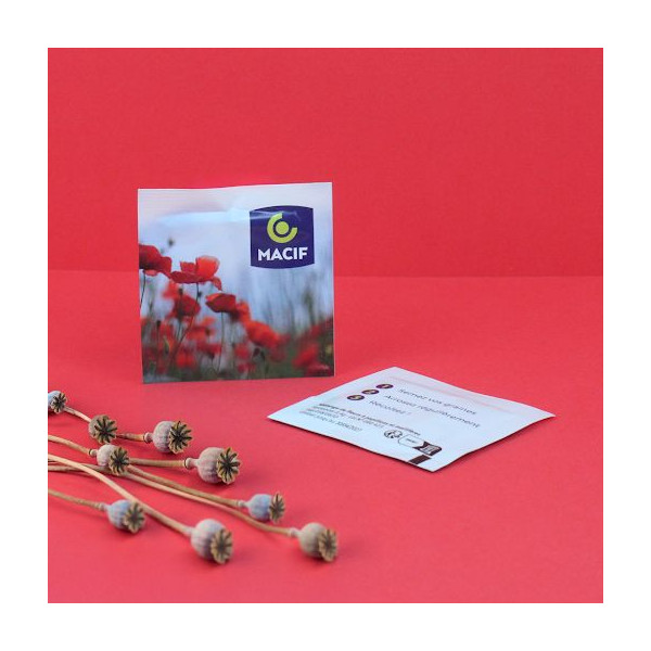 Sachet de graines personnalisable 55x55 mm en papier PE thermosoudé – Goodies écologique pour communication d’entreprise