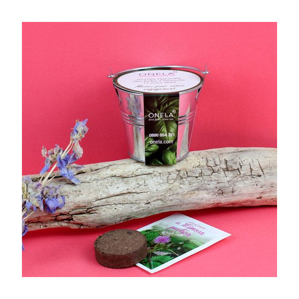 Kit de plantation personnalisable en pot zinc Ø7 cm – Objet publicitaire durable pour communication d’entreprise – Marquage tech