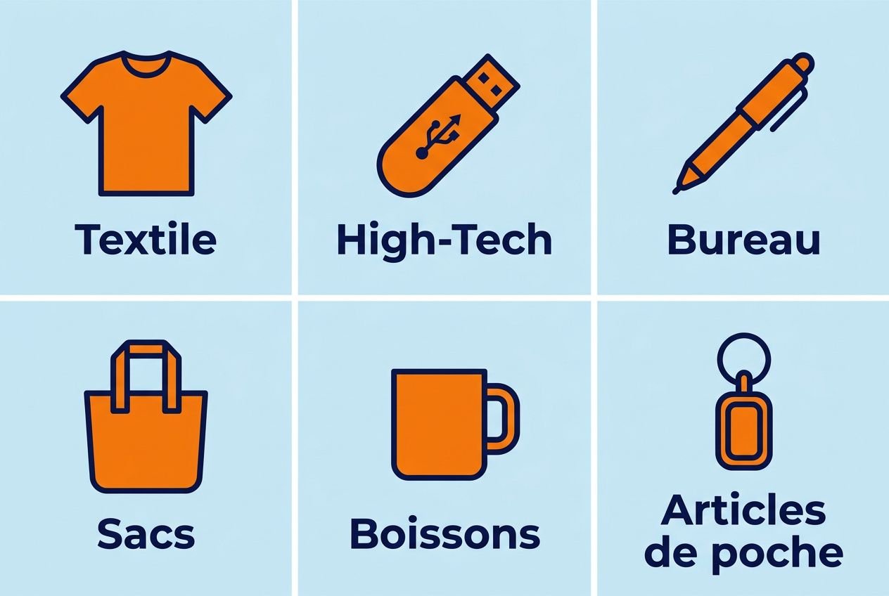 Agrafes visuelles regroupant des catégories d’objets: textile, high-tech, burea, sacs, boissons et articles de poche, sur fond bleu. Articles publicitaires personnalisés intégrés.