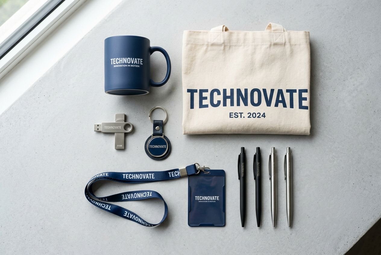 Articles publicitaires personnalisés: ensemble d’objets promocuels TechInnovate (sac coton, mug, badges, clés, lanyard et stylos) prêt à offrir.