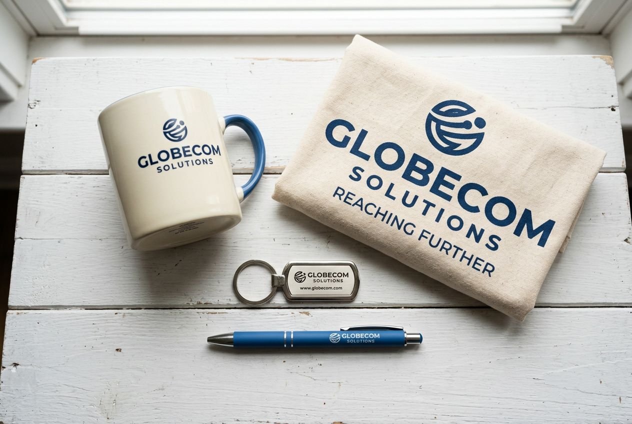 Assortiment goodies pas cher petite quantité: mug, clé USB et stylo personnalisés Globecom Solutions avec logo sur t-shirt imprimé.