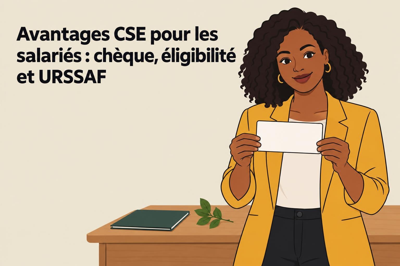 Avantages CSE pour les salariés : chèque, éligibilité et URSSAF, femme souriante en veste jaune tient une enveloppe, bureau et carnet à proximité. Avantage cse pour les salariés.
