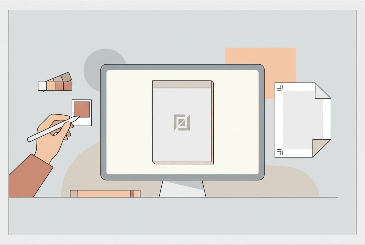 Bloc note personnalisé professionnelle : bureau avec ordinateur et carnet à personnaliser, icônes et échantillons de couleurs autour.