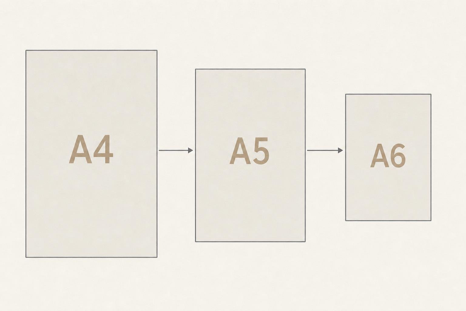 Bloc-notes publicitaire montrant les formats A4 → A5 → A6 en chaîne, illustration de tailles successives.