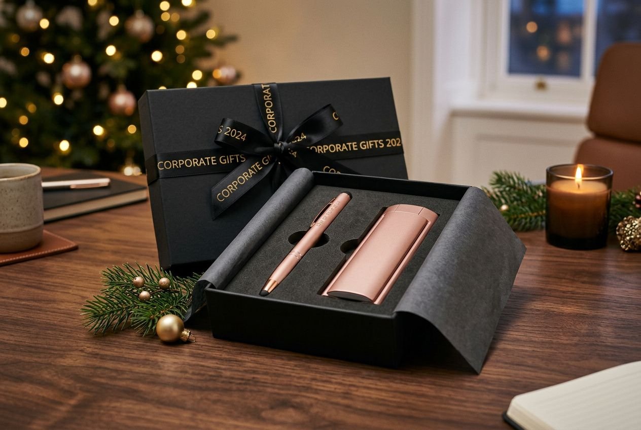 Boîte cadeau noire ouverte sur table, set de goodies de fin d’année en rose doré, enveloppe noire et ruban “Corporate Gifts 2024”, décorations de Noël et bougie. goodie fin d'année entreprise présent.