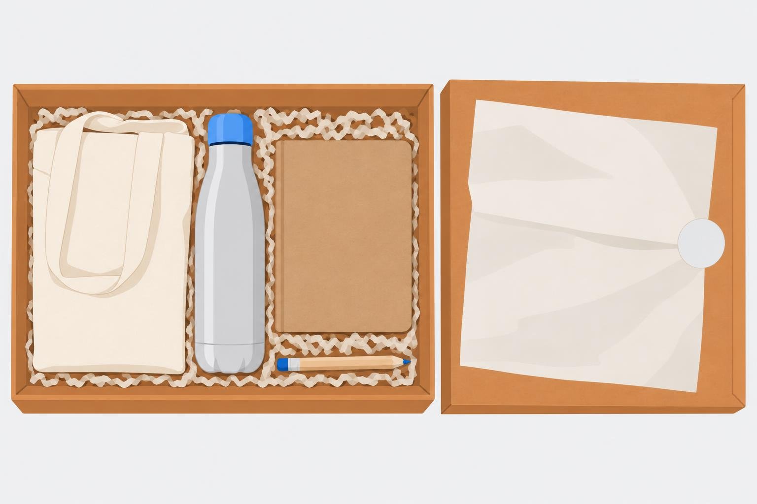 Une boîte en carton ouverte contenant des articles écologiques emballés, avec une bouteille réutilisable, un carnet et des